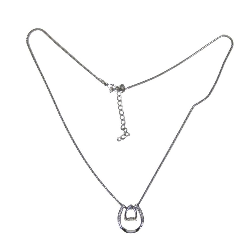 Rhinestone Dangle Pendant Filigree Silvertone Chain Necklace 16 Inch Choker